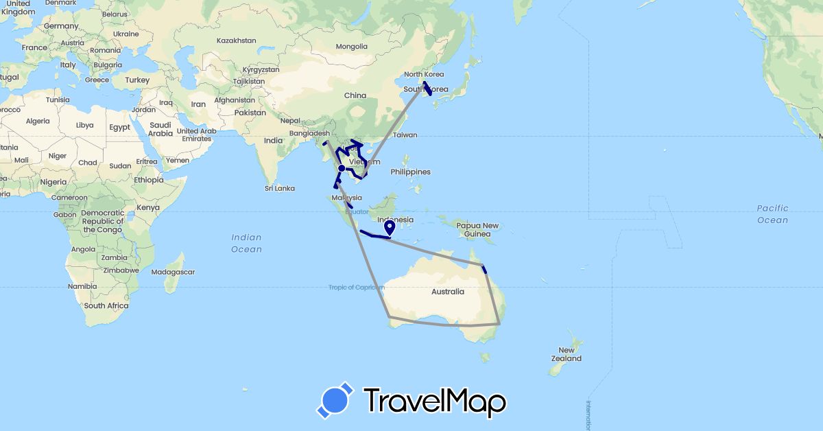 TravelMap itinerary: driving, plane in Australia, Indonesia, Cambodia, South Korea, Laos, Myanmar (Burma), Malaysia, Singapore, Thailand, Vietnam (Asia, Oceania)